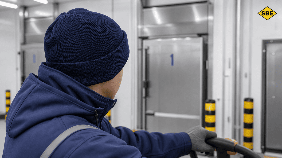 Coiffe de travail en acrylique bleue port&eacute;e par un op&eacute;rateur en milieu industriel